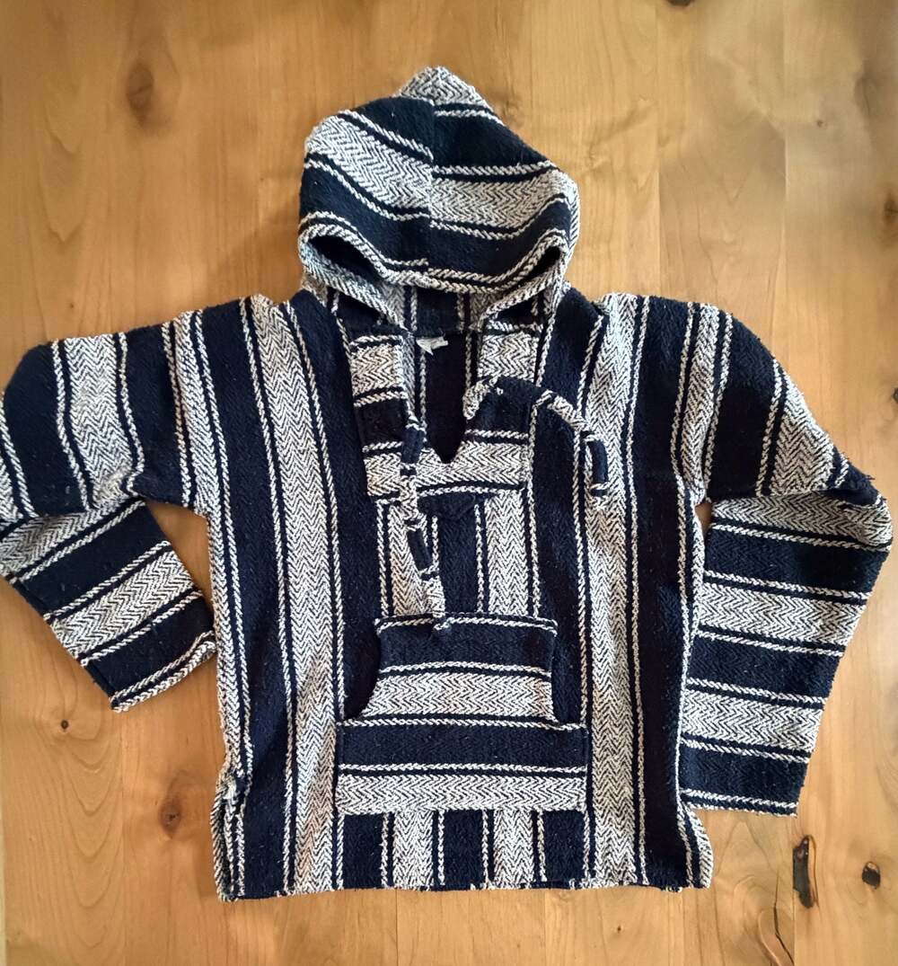 Artesanias Market Mexican Baja Hoodie Pullover Navy and White Striped M